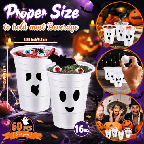 Halloween Ghost Face Plastic Cups 16oz Disposable Party Drinkware - 60 Pcs Variation of Ghost Face