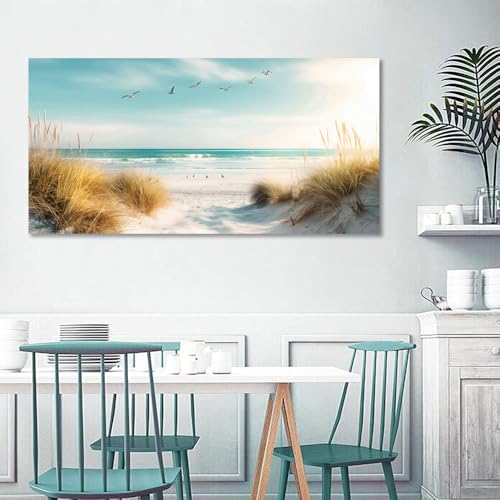 Large Beach Reeds Canvas Wall Art - Ocean Seascape Painting for Living Room & Bedroom - 24x48 Inches - Coastal Decor