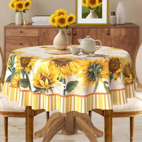 Sunflower Round Tablecloth 60 Inch - Summer Dining Decor, Wrinkle-Resistant