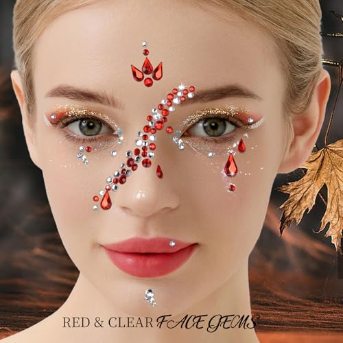 Self-Adhesive Face Gems Set for Makeup Halloween Costume - Red Black Clear