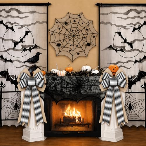 Black White Stripe Halloween Fall Bows - 2 Pcs Rustic Wreath Decorations - Variation of Black White