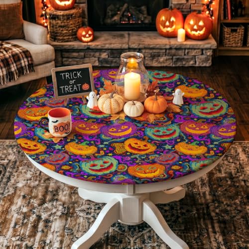 Halloween Round Tablecloth Fits 49-52 Inch Tables - Pumpkin Head Design 52"