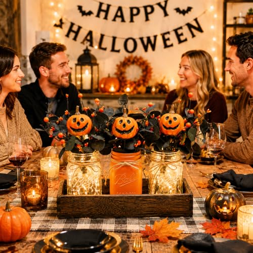 Lighted Halloween Pumpkin Mason Jar Centerpiece for Home Decor