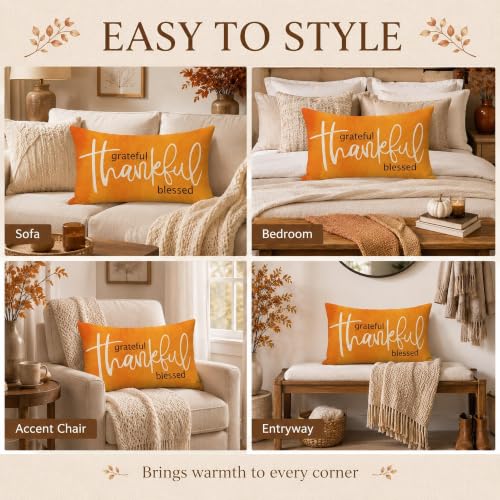 Thanksgiving Thankful Rectangle Lumbar Throw Pillow Cover - Orange, 12x20, Farmhouse Decor
