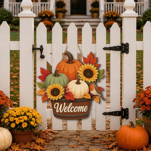 Wooden Fall Maple Sunflower Pumpkin Wreath for Front Door Welcome Sign - Color-G