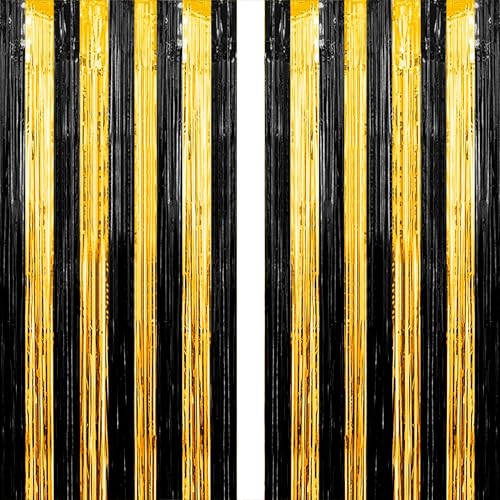 Black & Gold Foil Curtain Decoration Set - 2 Pack, 3.3ft x 8.2ft Party Streamers
