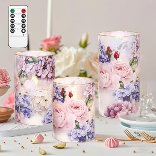 Hydrangea Rose Flameless Candles with Remote & Timer - Real Wax Glass Set of 3
