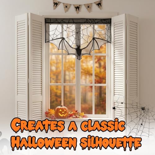 Halloween Black Lace Decorations Set with Bat Window Valance and Spiderweb Mantle Scarf