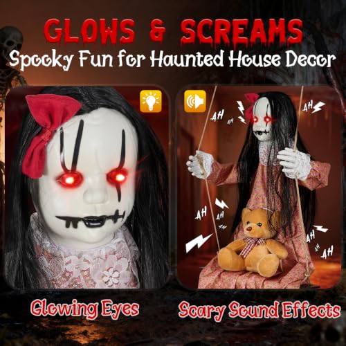 Halloween Hanging Decorations Outdoor - 4.6 FT Orange Swing Girl Doll with Lights & Sounds