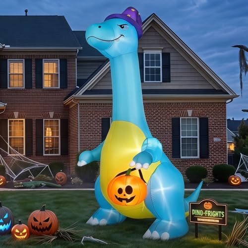 12FT Blue Dinosaur Inflatable Halloween Yard Decoration with LED Lights - Friendly Outdoor Dinosaur