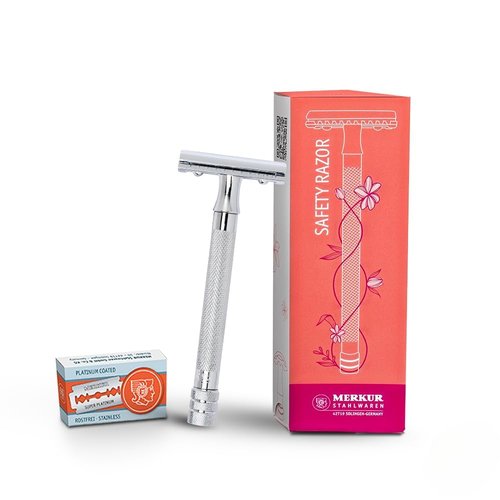 MERKUR 24C Safety Razor For Women with 10 Double Edge Blades | Extra Long Handle | Three-piece Razor | Straight Cut | Bright Chrome Finish | Made in Germany