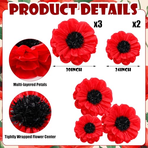 Giant Red Poppy Paper Flowers Decor Set - Halloween Wizard Party & More