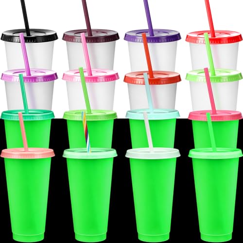 Glow in the Dark Halloween Cups with Colorful Lids - 15 Pack, 24 oz Reusable Drinkware