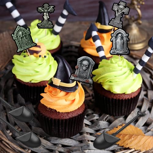 Halloween Cupcake Toppers with Tombstone & Shovel Spoons - Graveyard Cake Decorations, 48 Pieces