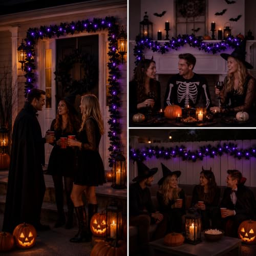 Black Halloween Garland with Purple String Lights - 6FT Battery Operated Decor
