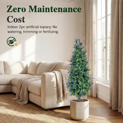3ft Lavender Artificial Topiary Trees Set of 2 Outdoor Faux Plants - UV Resistant, Realistic Bushes for Garden & Porch (Lavender, 36in)