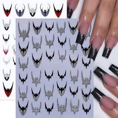 Halloween Glitter Bats Nail Stickers - 6 Sheets 3D Self-Adhesive Nail Art Decals