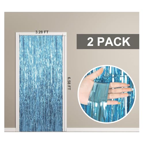 Sky Blue Metallic Foil Fringe Curtain Backdrop 3.28 x 6.56 ft 2-Pack Party Decorations