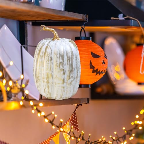 Artificial Pumpkins Set - Gold Brush White Faux Fall Decor, 8.7" - Autumn Wedding & Holiday Table Centerpieces
