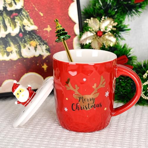 Red Santa Christmas Mug with 3D Lid and Spoon - 14oz Ceramic Holiday Coffee Cup