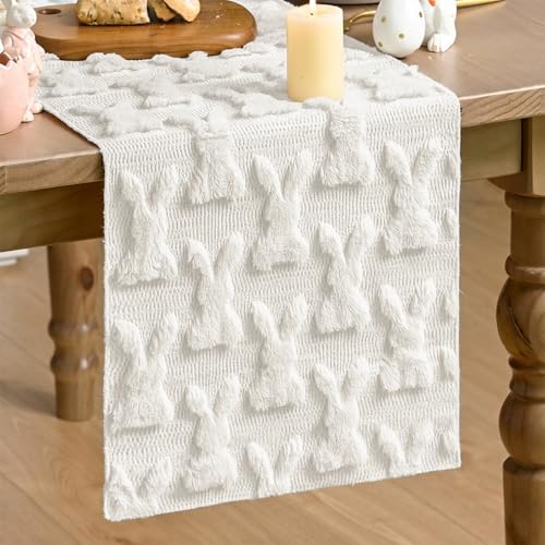White Faux Fur Bunny Rabbit Easter Table Runner 13x48 Inch - Seasonal Kitchen Decor