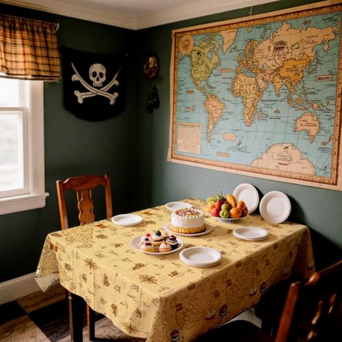 Pirate Tablecloth Set - Waterproof Treasure Map Party Decor for Kids