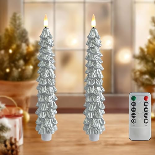 Silver Flameless Christmas Tree Candles Set with Remote & Timer - Real Wax, 9.8 Inch, 2 Pack