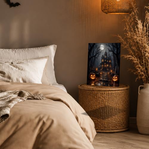 Halloween Haunted House Wall Art - Framed Gothic Pumpkin Forest Scene Art-7