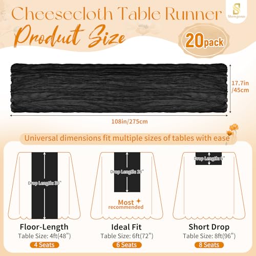 Showgeous 20 Pack Black Cheesecloth Table Runner - 17 x 108 Inches, Wedding & Party Decor