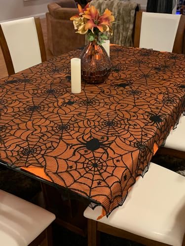 Halloween Lace Tablecloth 70 Inch Round Black Bat Spider Web Decorations Gothic Style