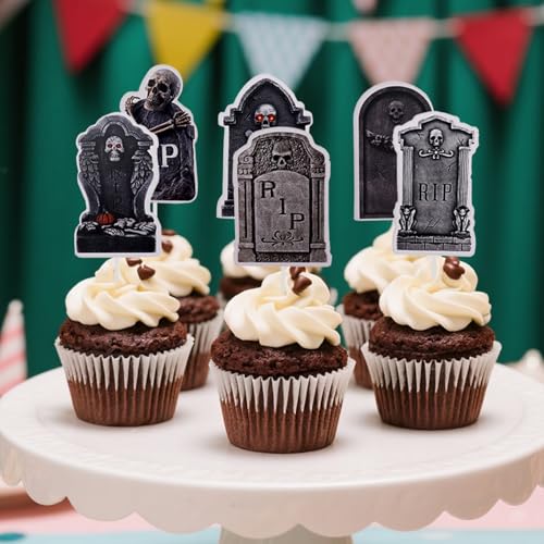 Halloween Cupcake Toppers Set with Tombstone Food Picks & Decorations