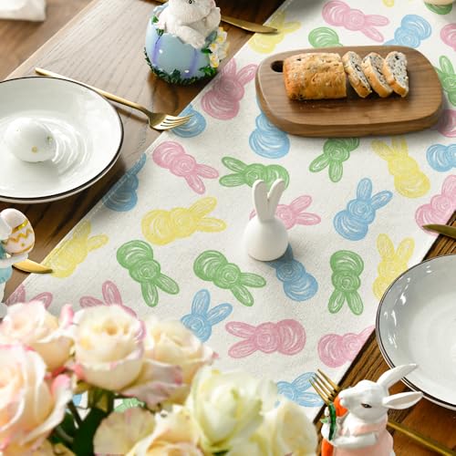 Colorful Bunny Easter Table Runner 13x90 Inch Seasonal Spring Kitchen Decor