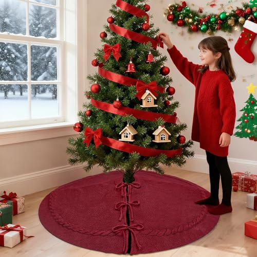 Red Tree Skirt 36 Inch Burgundy Knit Rustic Christmas Decor - Variation of THIS listing