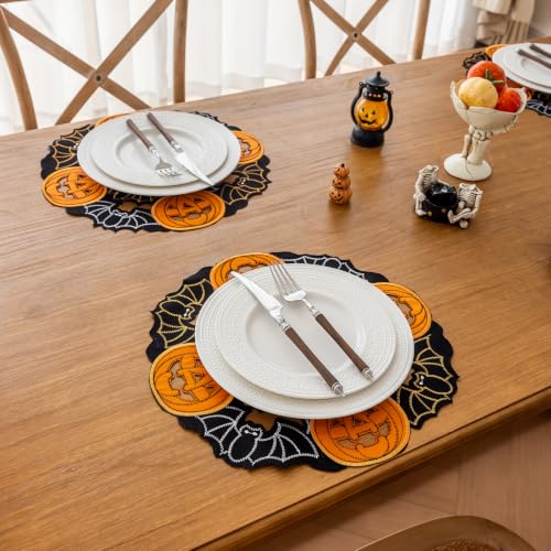 Halloween Placemats Set of 4 - Bats & Pumpkins Embroidered Table Mats, 14 Inch Round