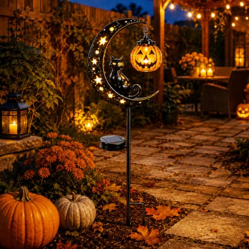 Solar Halloween Black Cat & Pumpkin Garden Stake Light Outdoor Decor