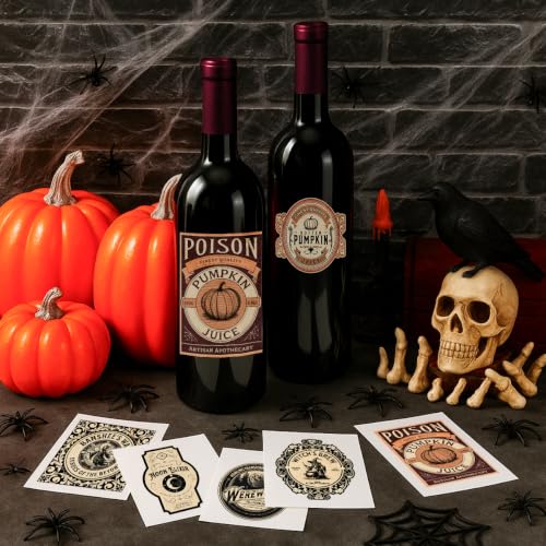 48-Pack Halloween Gothic Wine Bottle Labels - Spooky Party Decoration