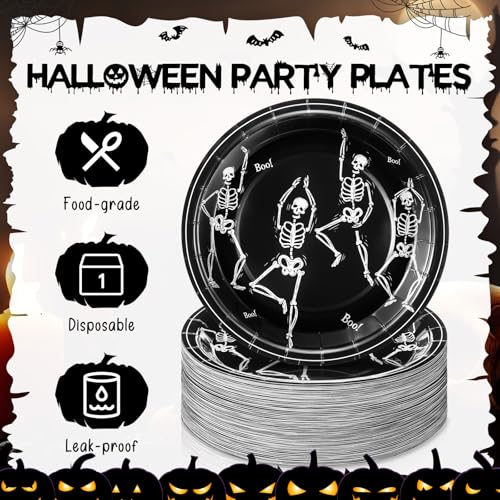 Halloween Skeleton Paper Plates - Black 7 Inch, Pack of 100 - Festive Disposable Tableware