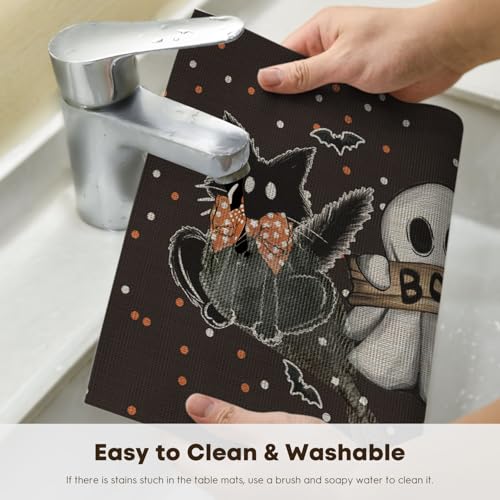 Black Ghost Cat Vinyl Placemats Set of 4 - Washable Heat Resistant Table Decor