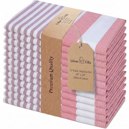 Garnet Red Stripes Cloth Napkins 20x20 inches Set of 12 - Cotton Table Linens