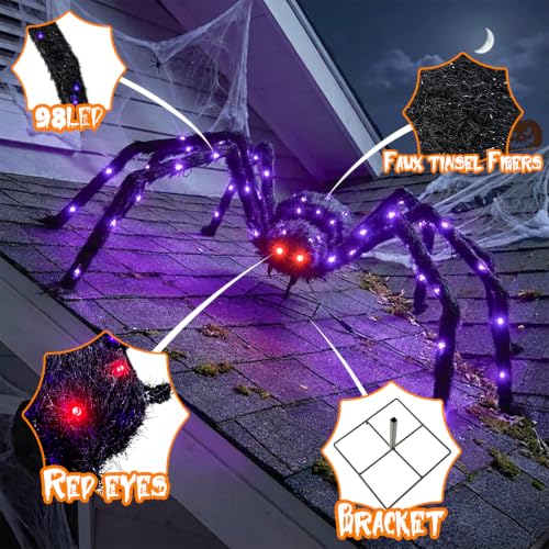 Giant Outdoor Halloween Spider Decoration 4.3ft Lighted Black Spider with 6 Modes & 100 LED Lights