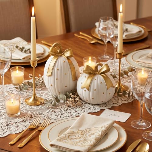 White and Gold Pumpkin Decor Set - 2 Fall Thanksgiving Figurines
