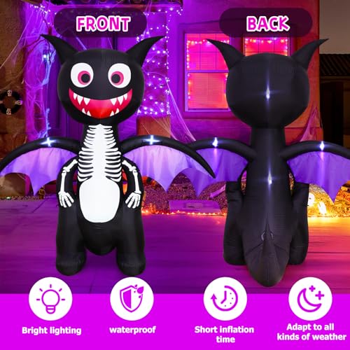 6.8 FT Halloween Inflatable Skeleton Dragon with LED Lights Outdoor Yard Decoration - Giant Blow Up Halloween Dragon - Front Lawn Garden Decor