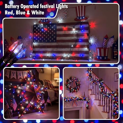 Battery Operated 4th of July String Lights - Red White & Blue, 16FT with 8 Modes & Timer