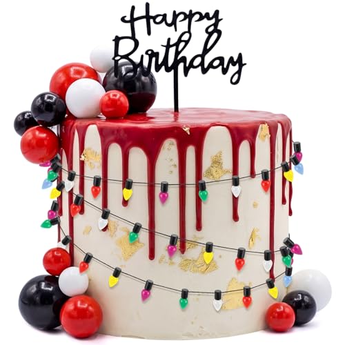 Black and Red Birthday Cake Topper Set with Lights - Horror Theme Party Decorations