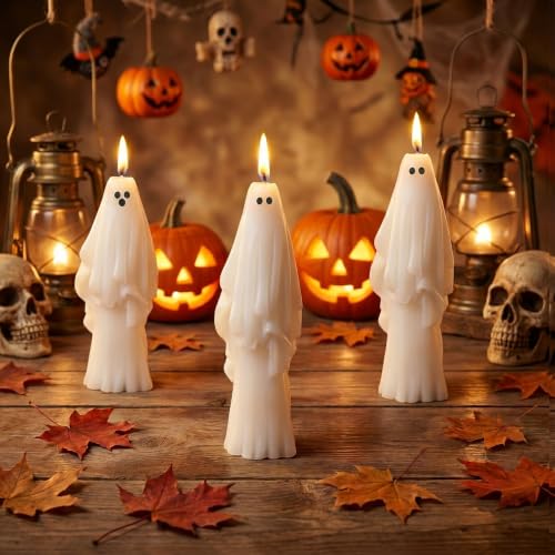 Halloween Ghost Candle Set - White, 3 PCS, Spooky Mantel Decor