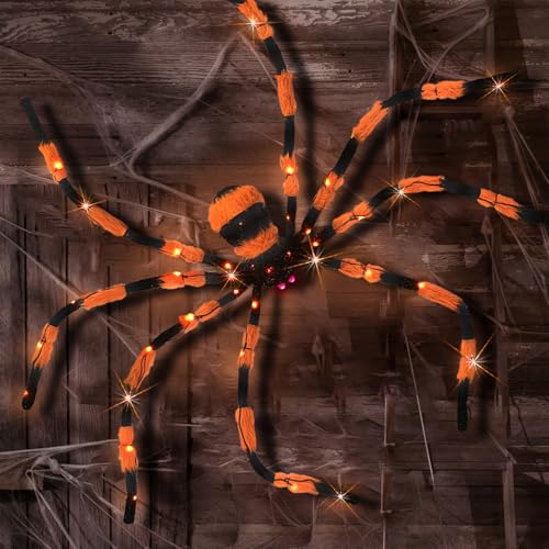 Giant Orange Spider Halloween Decoration 60” Lighted Prop with Red Eyes & LED Lights