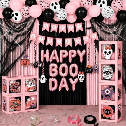 Pink Halloween Party Decorations Kit with Balloon Boxes and Banner