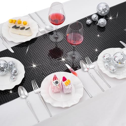 Black Disco Party Table Runners 6 Pack 12x72 Inches - Sequin & Polyester