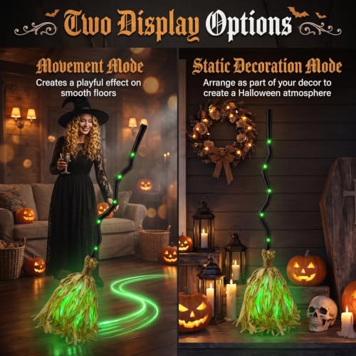 Animated Halloween Witch Broom Lighted Prop - Spooky Green LED, Sound & Motion