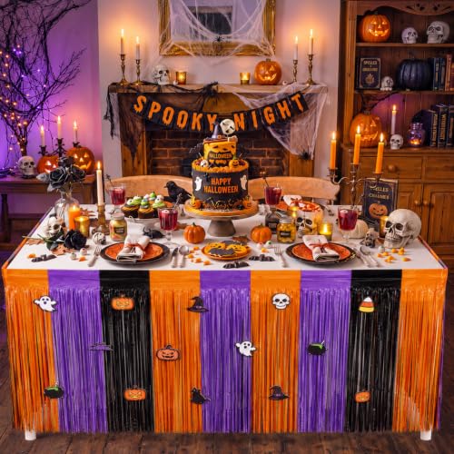 Halloween Foil Fringe Table Skirts Set - 4 Pack, Black, Orange & Purple, 108 Inch